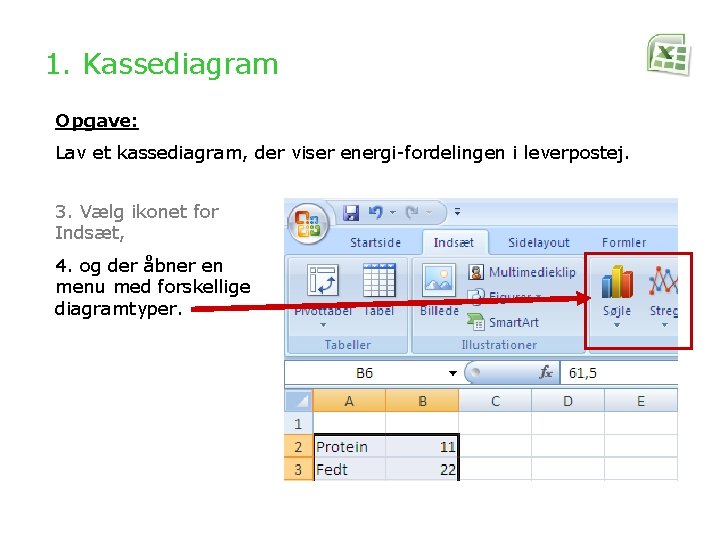 1. Kassediagram Opgave: Lav et kassediagram, der viser energi-fordelingen i leverpostej. 3. Vælg ikonet