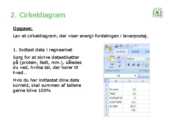 2. Cirkeldiagram Opgave: Lav et cirkeldiagram, der viser energi-fordelingen i leverpostej. 1. Indtast data