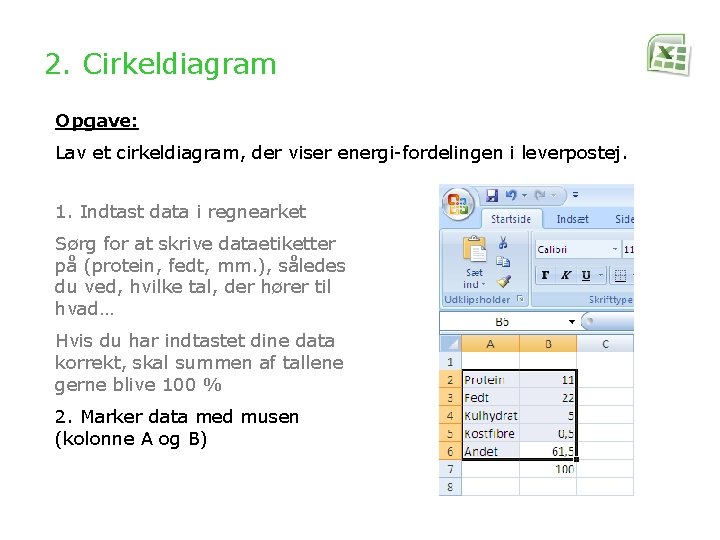 2. Cirkeldiagram Opgave: Lav et cirkeldiagram, der viser energi-fordelingen i leverpostej. 1. Indtast data