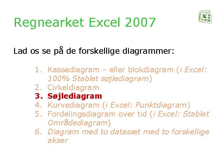 Regnearket Excel 2007 Lad os se på de forskellige diagrammer: 1. Kassediagram – eller