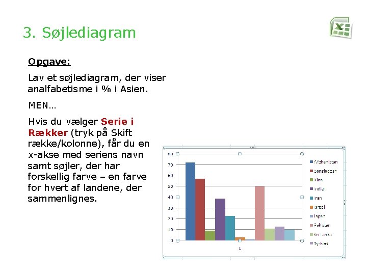 3. Søjlediagram Opgave: Lav et søjlediagram, der viser analfabetisme i % i Asien. MEN…