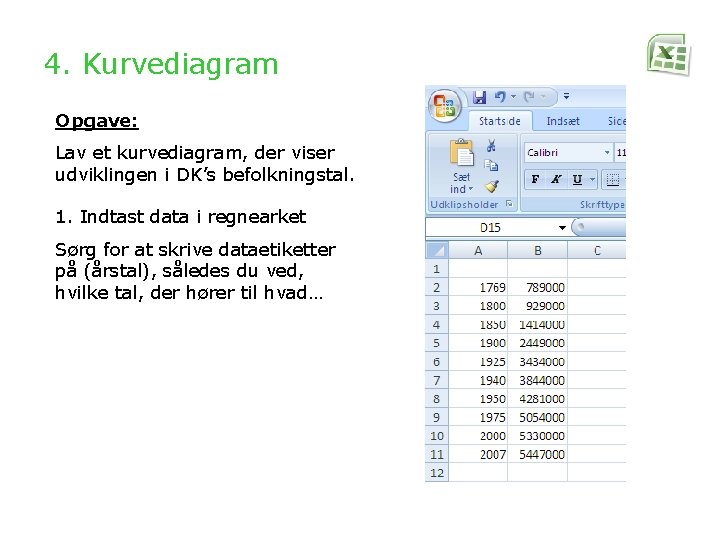 4. Kurvediagram Opgave: Lav et kurvediagram, der viser udviklingen i DK’s befolkningstal. 1. Indtast