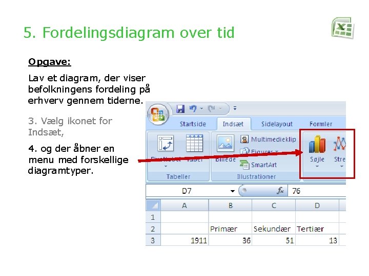 5. Fordelingsdiagram over tid Opgave: Lav et diagram, der viser befolkningens fordeling på erhverv