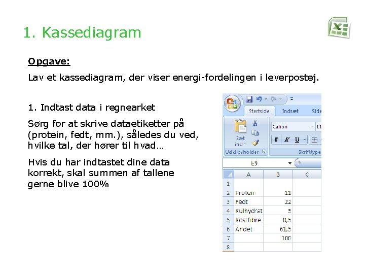 1. Kassediagram Opgave: Lav et kassediagram, der viser energi-fordelingen i leverpostej. 1. Indtast data