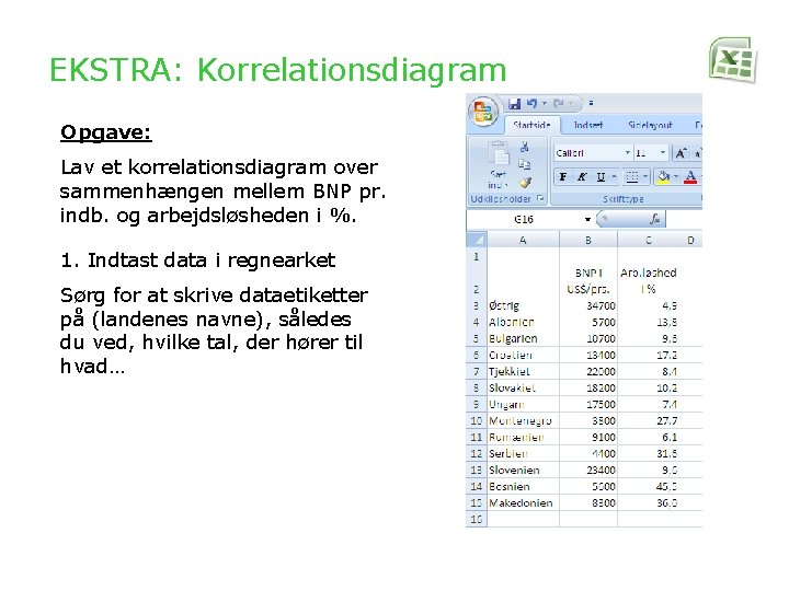 EKSTRA: Korrelationsdiagram Opgave: Lav et korrelationsdiagram over sammenhængen mellem BNP pr. indb. og arbejdsløsheden