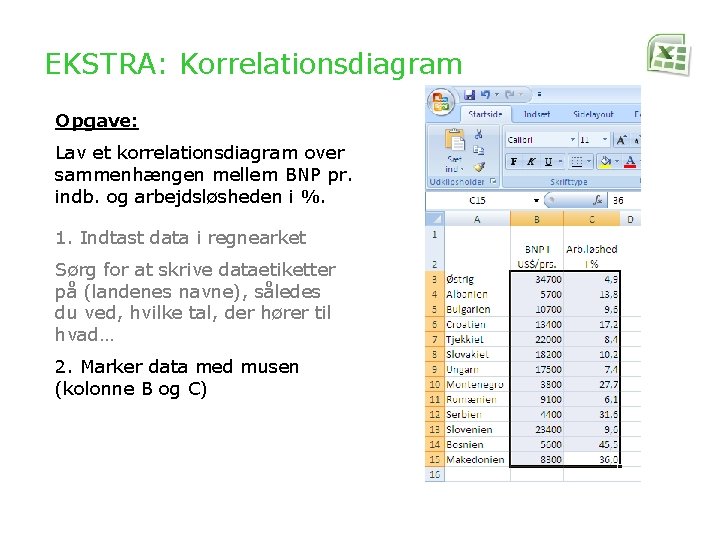 EKSTRA: Korrelationsdiagram Opgave: Lav et korrelationsdiagram over sammenhængen mellem BNP pr. indb. og arbejdsløsheden