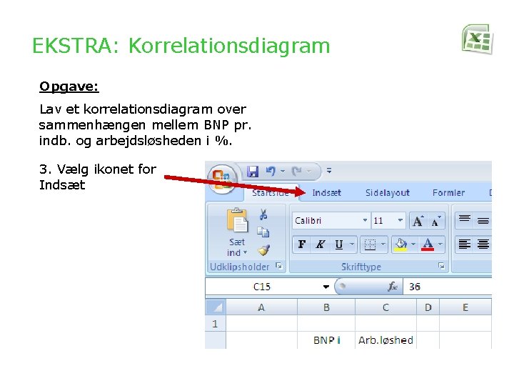 EKSTRA: Korrelationsdiagram Opgave: Lav et korrelationsdiagram over sammenhængen mellem BNP pr. indb. og arbejdsløsheden