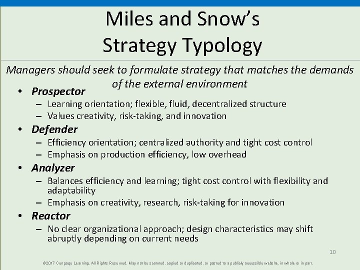 Miles and Snow’s Strategy Typology Managers should seek to formulate strategy that matches the