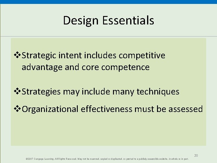 Design Essentials Strategic intent includes competitive advantage and core competence Strategies may include many