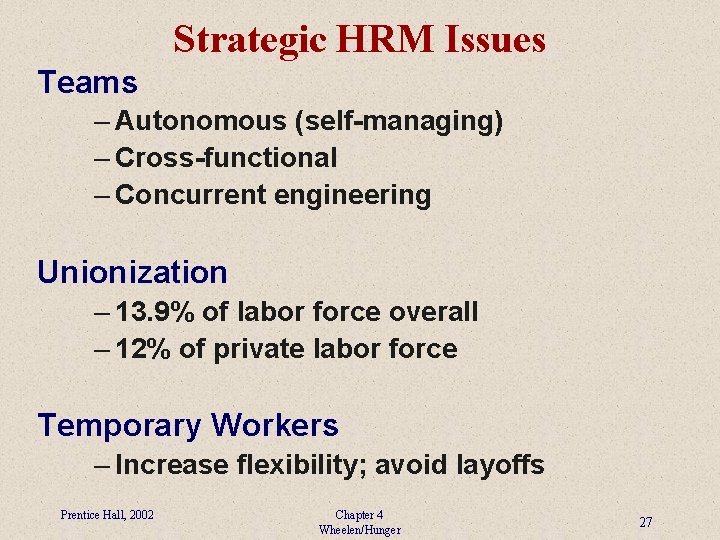 Strategic HRM Issues Teams – Autonomous (self-managing) – Cross-functional – Concurrent engineering Unionization –