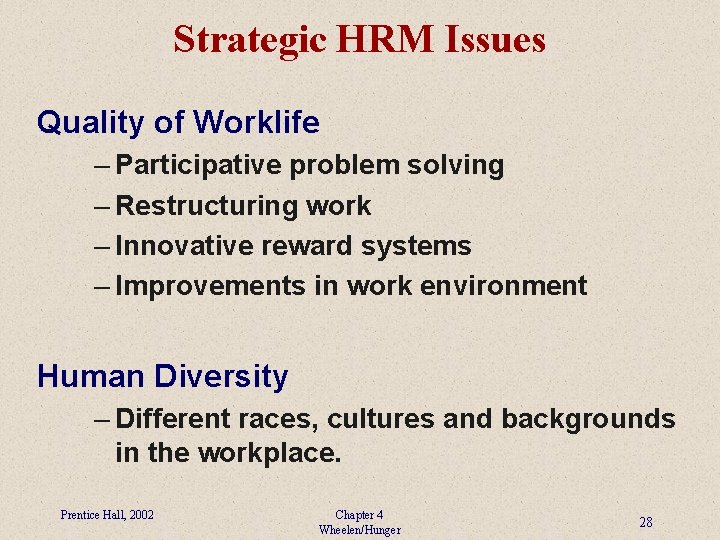Strategic HRM Issues Quality of Worklife – Participative problem solving – Restructuring work –