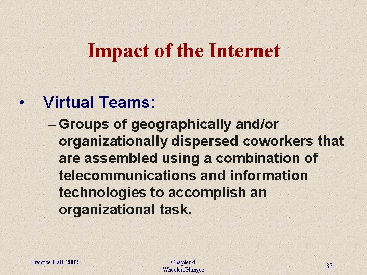 Impact of the Internet • Virtual Teams: – Groups of geographically and/or organizationally dispersed