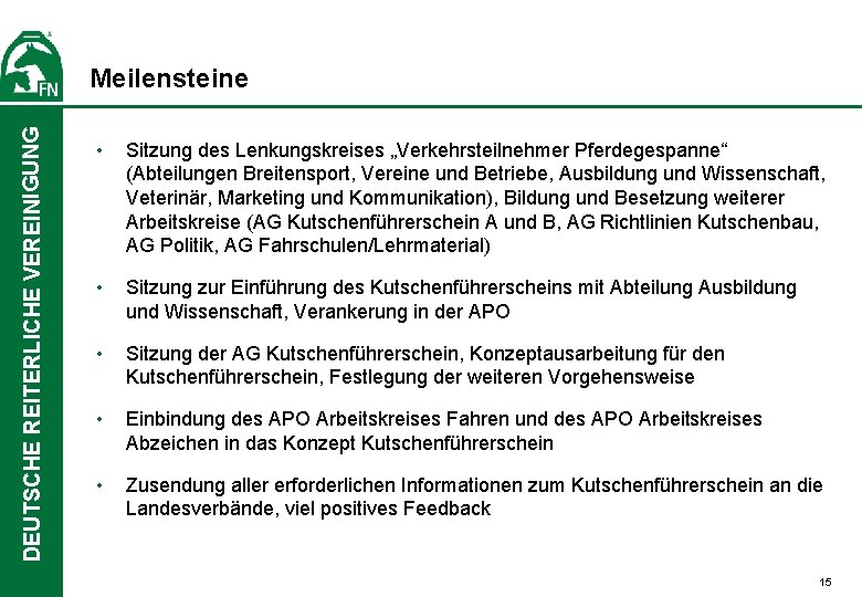 DEUTSCHE REITERLICHE VEREINIGUNG Meilensteine • Sitzung des Lenkungskreises „Verkehrsteilnehmer Pferdegespanne“ (Abteilungen Breitensport, Vereine und