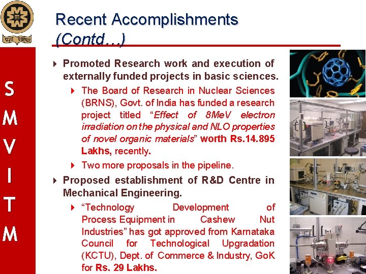 Recent Accomplishments (Contd…) S M V I T M Promoted Research work and execution