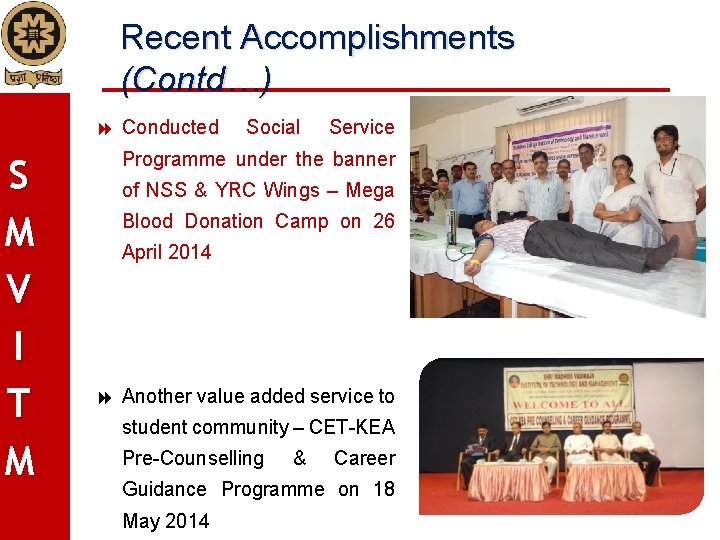 Recent Accomplishments (Contd…) Conducted S M V I T M Social Service Programme under