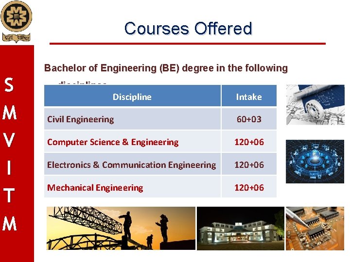 Courses Offered S M V I T M Bachelor of Engineering (BE) degree in