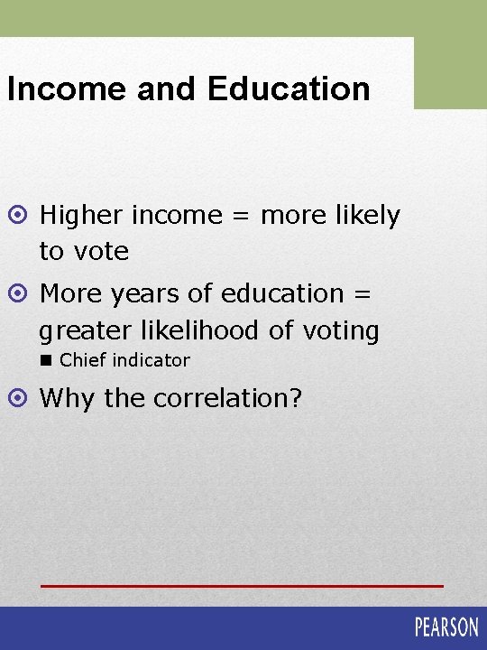 Income and Education ¤ Higher income = more likely to vote ¤ More years