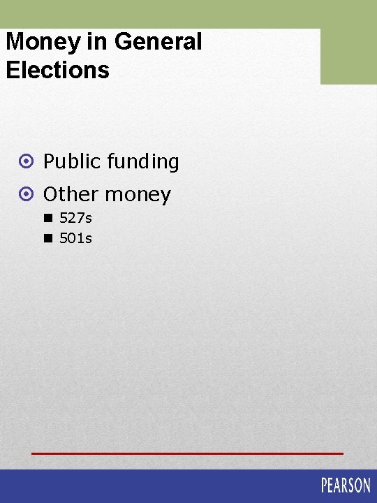 Money in General Elections ¤ Public funding ¤ Other money n 527 s n