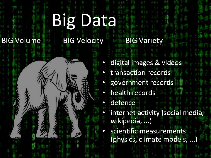 Big Data BIG Volume BIG Velocity BIG Variety digital images & videos transaction records