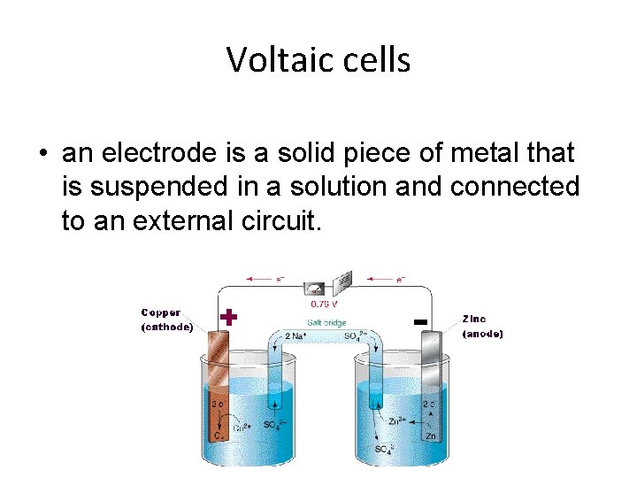 Voltaic cells • an electrode is a solid piece of metal that is suspended