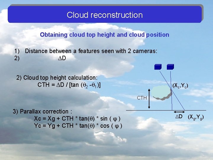 Cloud reconstruction Obtaining cloud top height and cloud position 1) Distance between a features