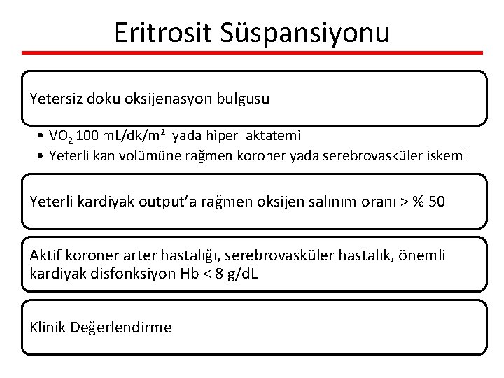 Eritrosit Süspansiyonu Yetersiz doku oksijenasyon bulgusu • VO 2 100 m. L/dk/m 2 yada