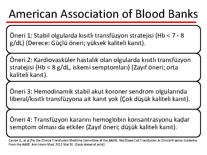 American Association of Blood Banks Öneri 1: Stabil olgularda kısıtlı transfüzyon stratejisi (Hb <