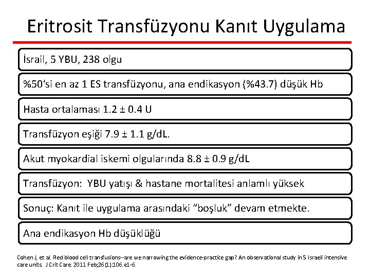 Eritrosit Transfüzyonu Kanıt Uygulama İsrail, 5 YBU, 238 olgu %50‘si en az 1 ES