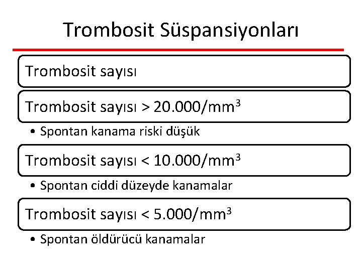 Trombosit Süspansiyonları Trombosit sayısı > 20. 000/mm 3 • Spontan kanama riski düşük Trombosit