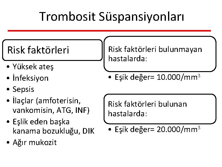 Trombosit Süspansiyonları Risk faktörleri • Yüksek ateş • İnfeksiyon • Sepsis • İlaçlar (amfoterisin,