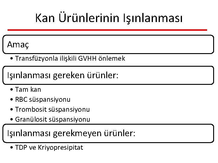 Kan Ürünlerinin Işınlanması Amaç • Transfüzyonla ilişkili GVHH önlemek Işınlanması gereken ürünler: • Tam