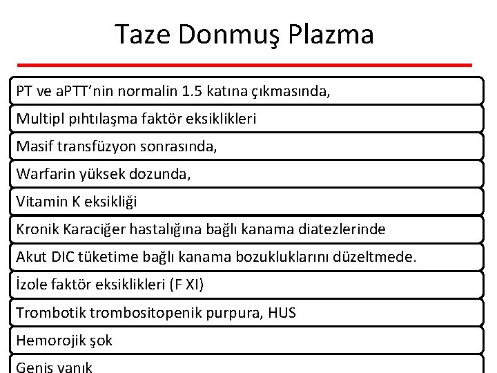 Taze Donmuş Plazma PT ve a. PTT’nin normalin 1. 5 katına çıkmasında, Multipl pıhtılaşma