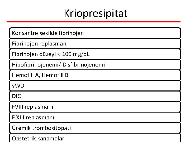 Kriopresipitat Konsantre şekilde fibrinojen Fibrinojen replasmanı Fibrinojen düzeyi < 100 mg/d. L Hipofibrinojenemi/ Disfibrinojenemi