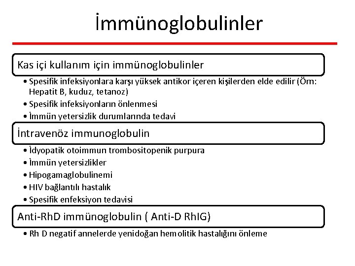 İmmünoglobulinler Kas içi kullanım için immünoglobulinler • Spesifik infeksiyonlara karşı yüksek antikor içeren kişilerden