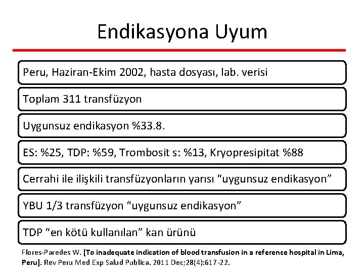 Endikasyona Uyum Peru, Haziran-Ekim 2002, hasta dosyası, lab. verisi Toplam 311 transfüzyon Uygunsuz endikasyon