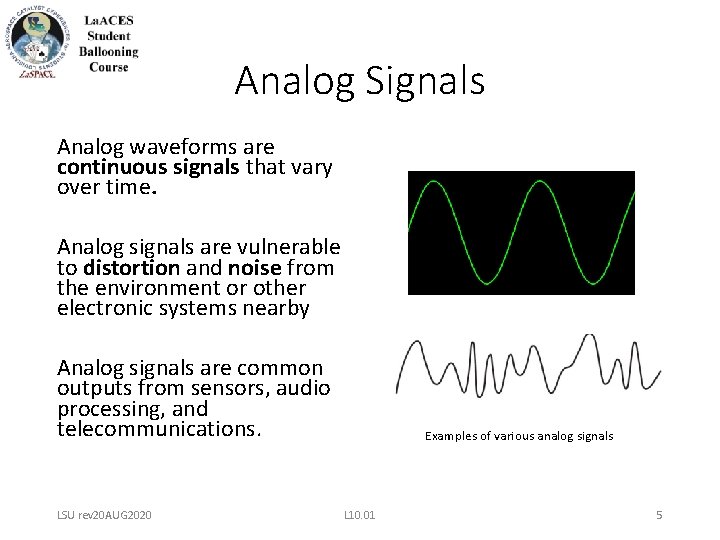 Analog Signals Analog waveforms are continuous signals that vary over time. Analog signals are Analog Signals Analog waveforms are continuous signals that vary over time. Analog signals are