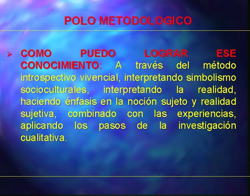 POLO METODOLOGICO Ø COMO PUEDO LOGRAR ESE CONOCIMIENTO: A través del método introspectivo vivencial,