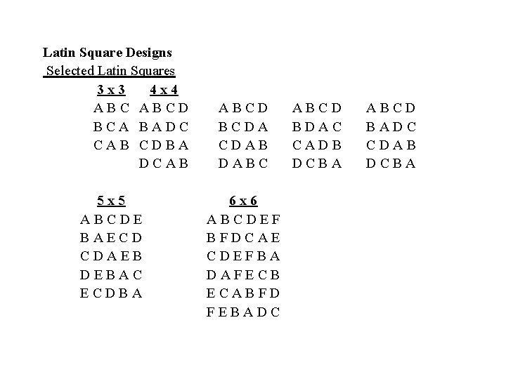 Latin Square Designs Selected Latin Squares 3 x 3 4 x 4 ABCD BCA
