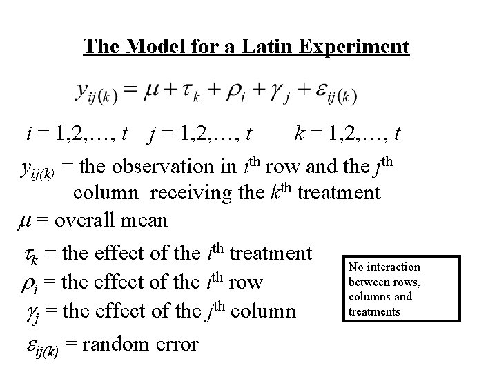 The Model for a Latin Experiment i = 1, 2, …, t j =