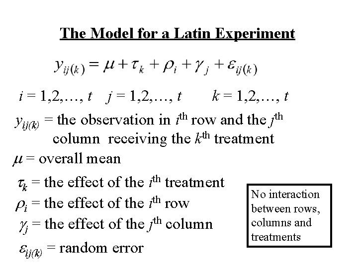 The Model for a Latin Experiment i = 1, 2, …, t j =