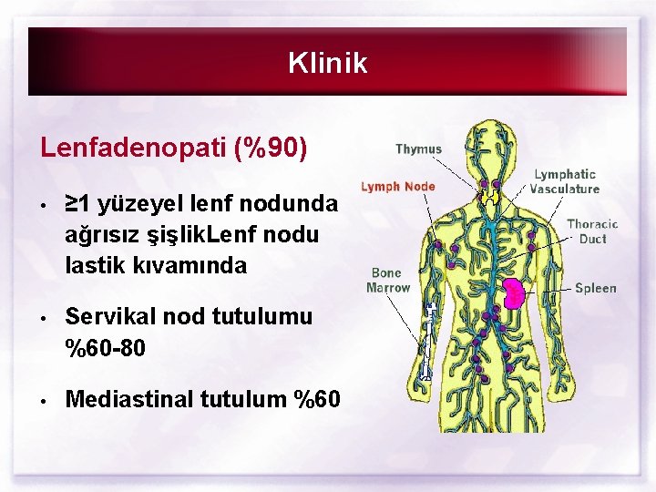 Klinik Lenfadenopati (%90) • ≥ 1 yüzeyel lenf nodunda ağrısız şişlik. Lenf nodu lastik