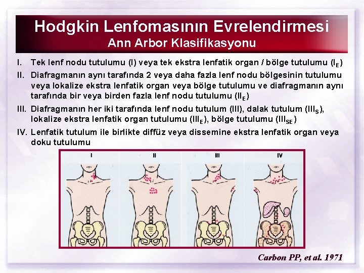 Hodgkin Lenfomasının Evrelendirmesi Ann Arbor Klasifikasyonu I. Tek lenf nodu tutulumu (I) veya tek