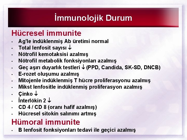 İmmunolojik Durum Hücresel immunite • • • Ag’le indüklenmiş Ab üretimi normal Total lenfosit