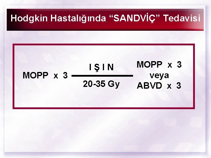 Hodgkin Hastalığında “SANDVİÇ” Tedavisi MOPP x 3 IŞIN 20 -35 Gy MOPP x 3