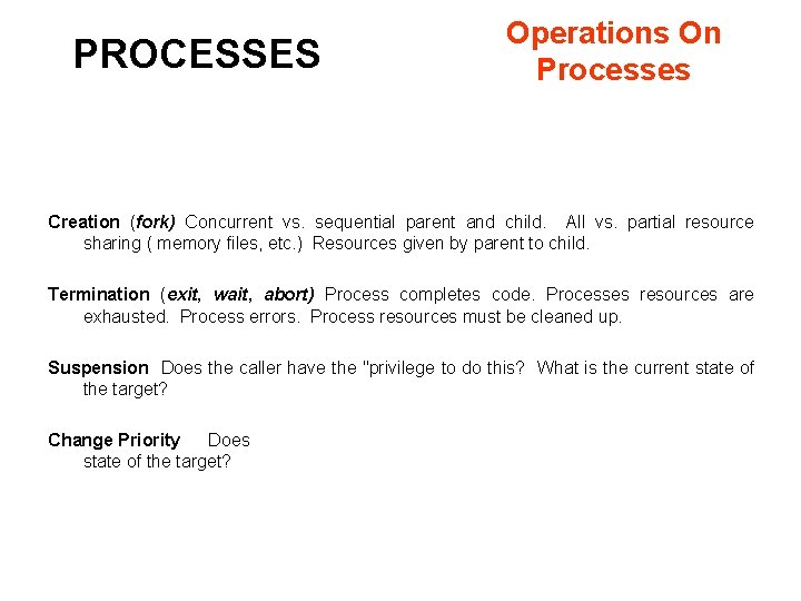 PROCESSES Operations On Processes Creation (fork) Concurrent vs. sequential parent and child. All vs.