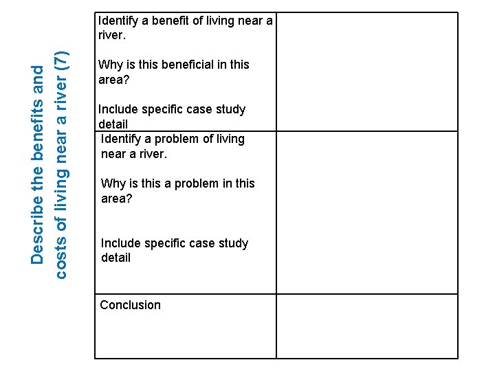 Describe the benefits and costs of living near a river (7) Identify a benefit