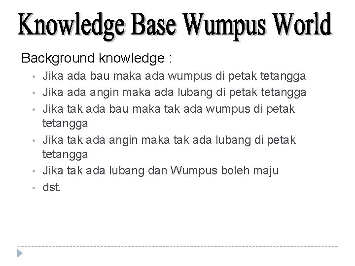 Background knowledge : • • • Jika ada bau maka ada wumpus di petak