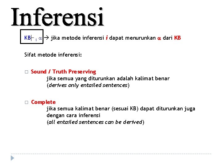 KB i jika metode inferensi i dapat menurunkan dari KB Sifat metode inferensi: �