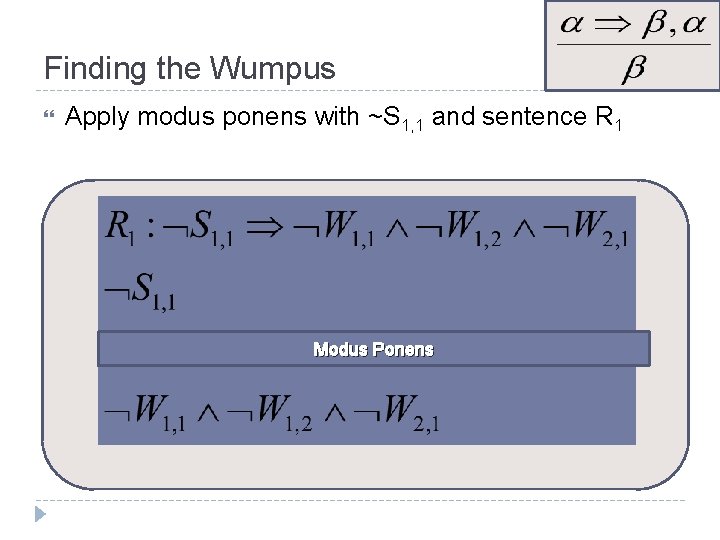 Finding the Wumpus Apply modus ponens with ~S 1, 1 and sentence R 1