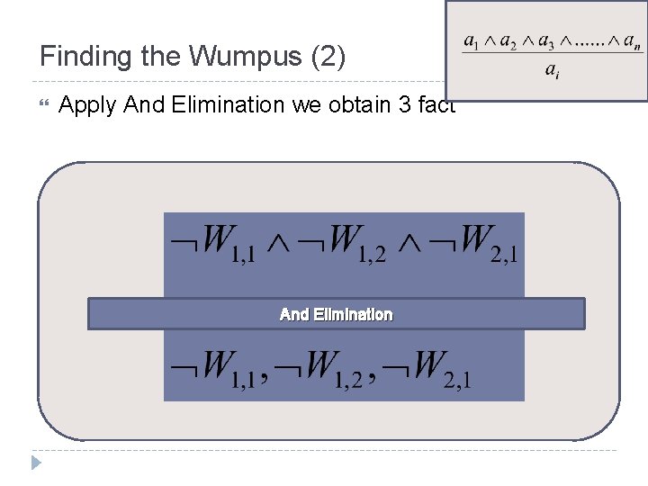 Finding the Wumpus (2) Apply And Elimination we obtain 3 fact And Elimination 